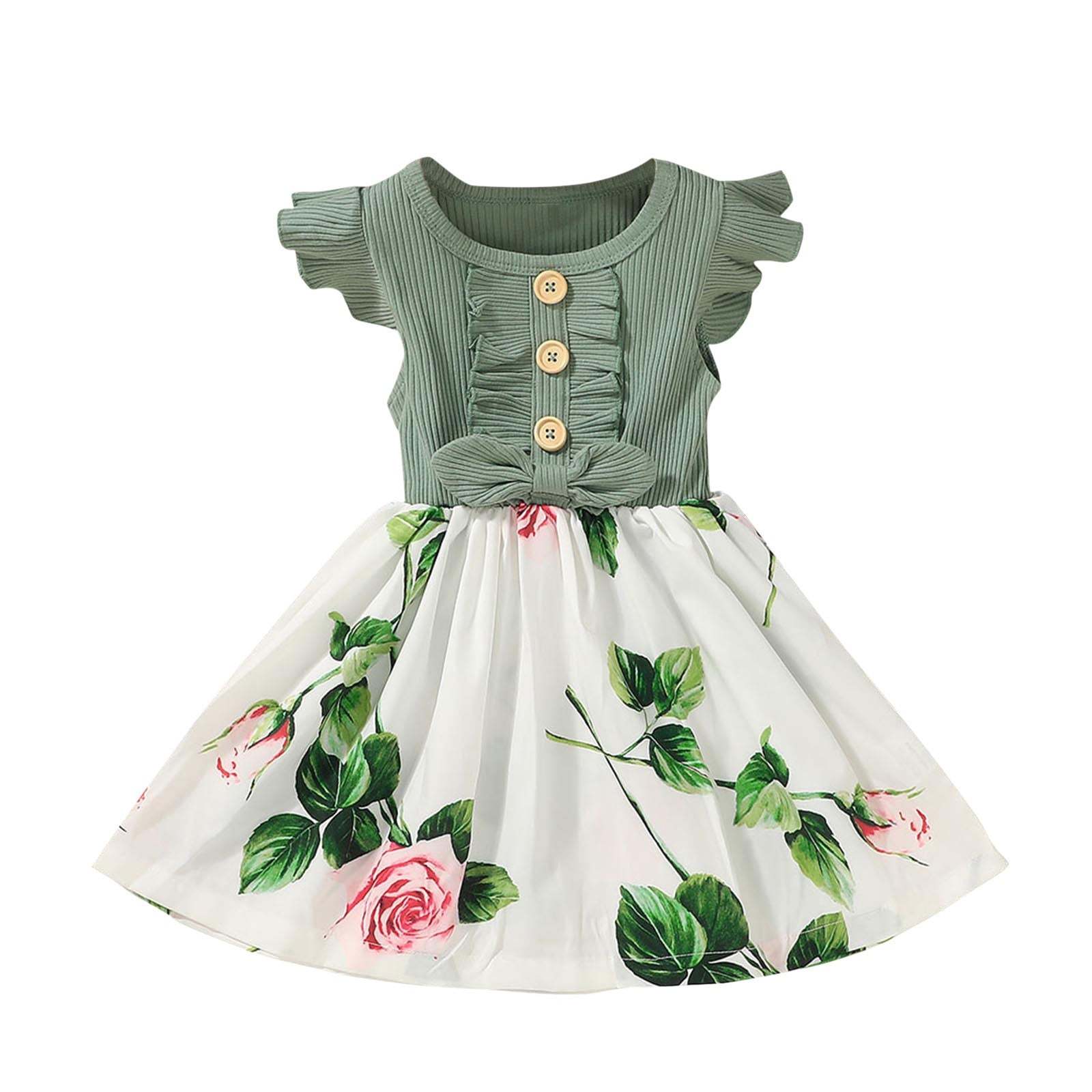 Baby Toddler Girl Easter Floral Print Ribbed Ruffled Button Design Short Sleeve Dress