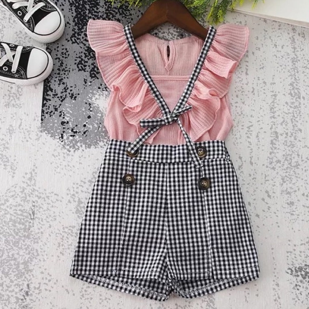 Toddler Girls 2PC Outfit Bowknot Top & Plaid Shorts