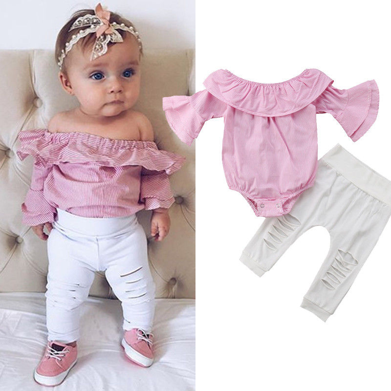 Boho Baby Girls Spring Casual Clothing Striped Romper & White Ripped Jeans