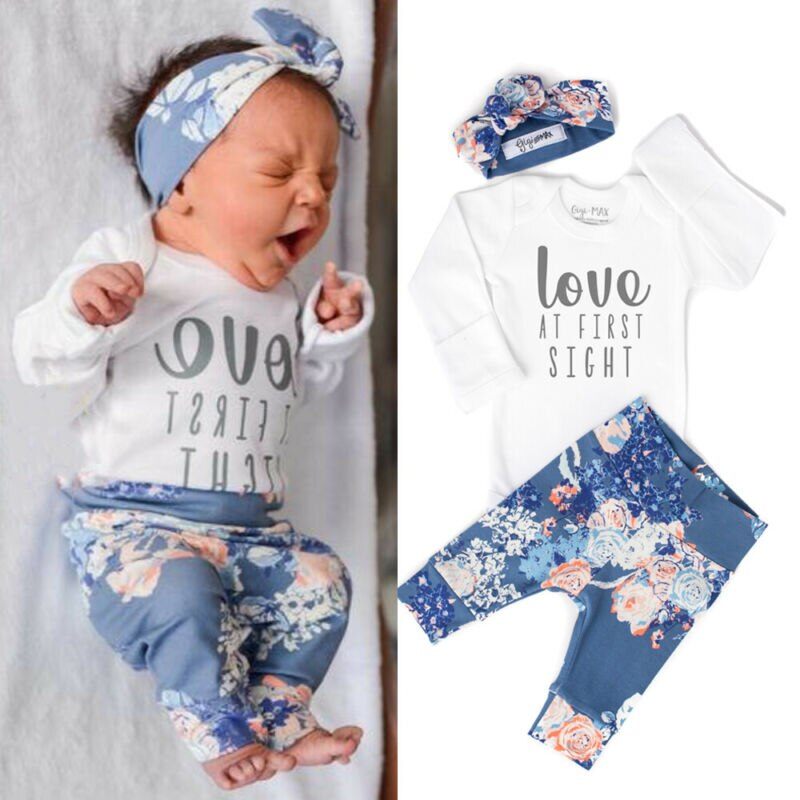 3PC Set Baby Girl Blue and White Long Sleeve Romper+Floral Pants+Headband