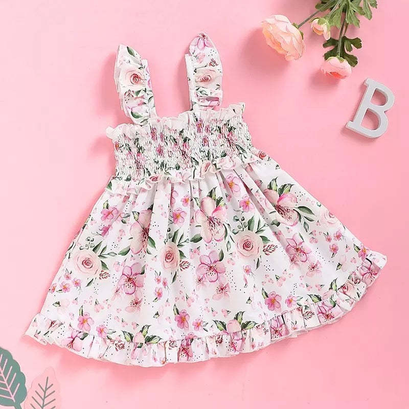 Baby Toddler Girls Sweet Pink Smocked Easter Dress Floral Print Ruffled Sleeve