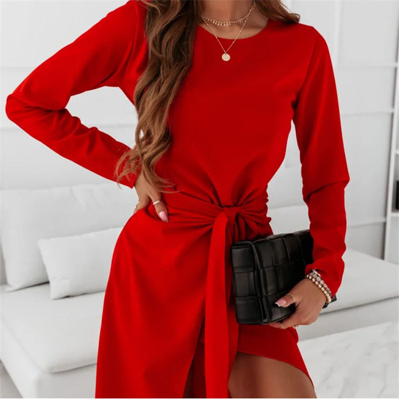 2022 Autumn And Winter New Cross-border dress European And American Women's Clothing Solid Color Slit Elegant Dress
