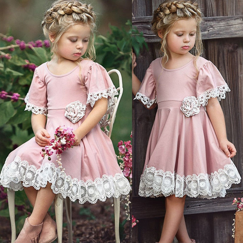 Kids Baby Girls Dress Lace Floral Party Dresses Summer Short Sleeve Round Neck Bridesmaid Girl Pink Easter Princess