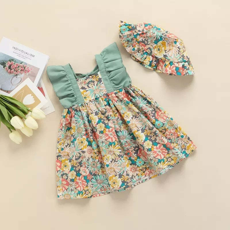 Baby Toddler Girls Floral Print Casual Dress +Hat  2PC Set