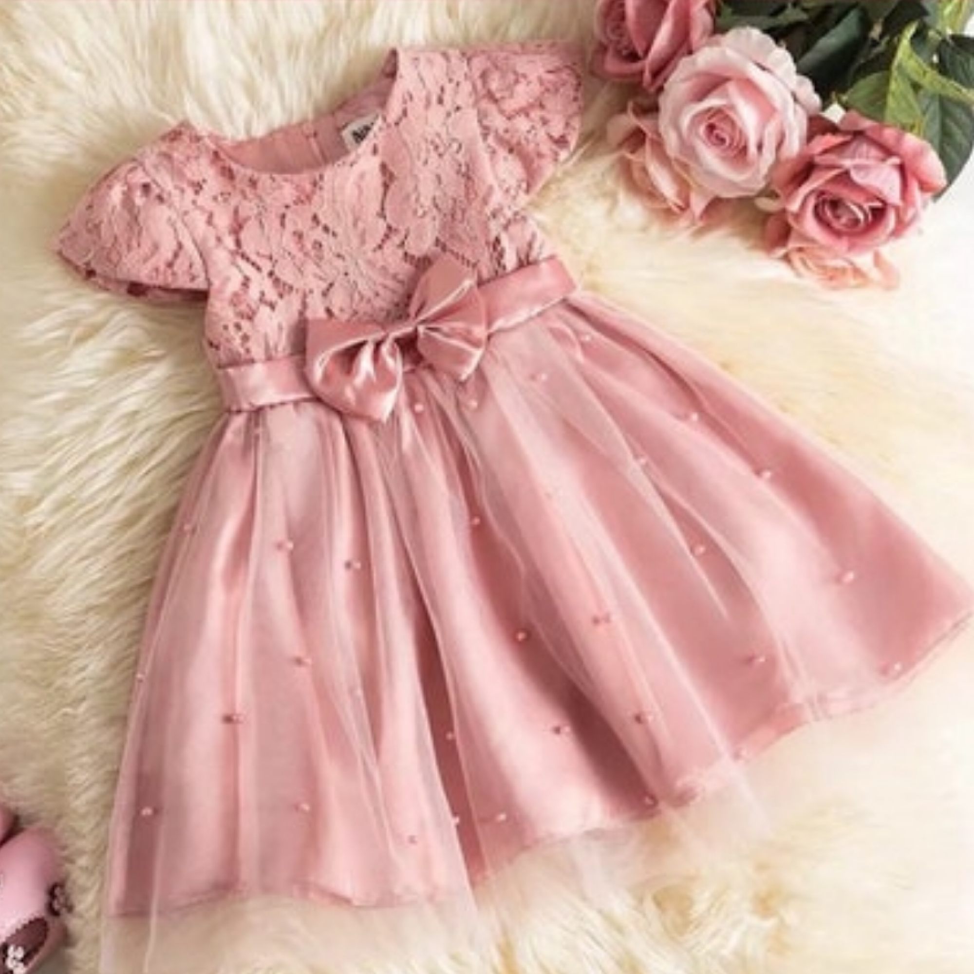 Baby Toddler Girls Easter Pink Pearl Lace Bowknot Tutu Dress