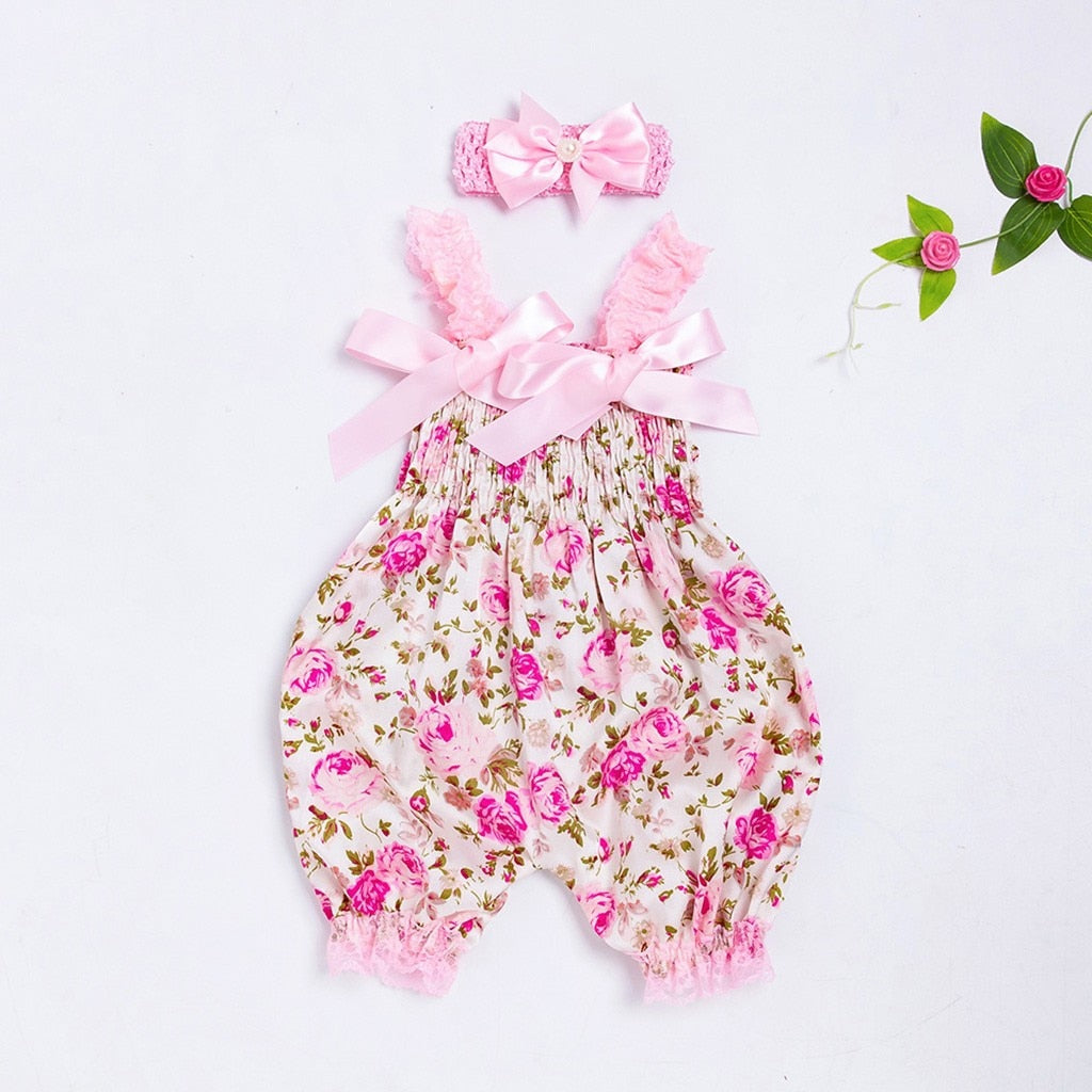 Infant Baby Girls Casual Pink Floral Print Bubble Romper