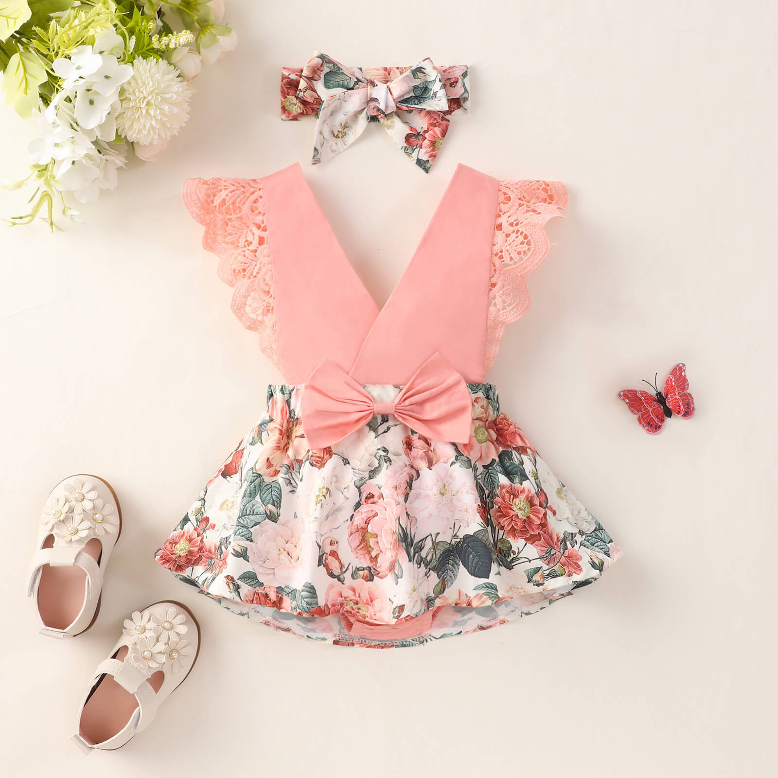 Baby Girl Two-Tone Lace Trim Bodysuit Dress