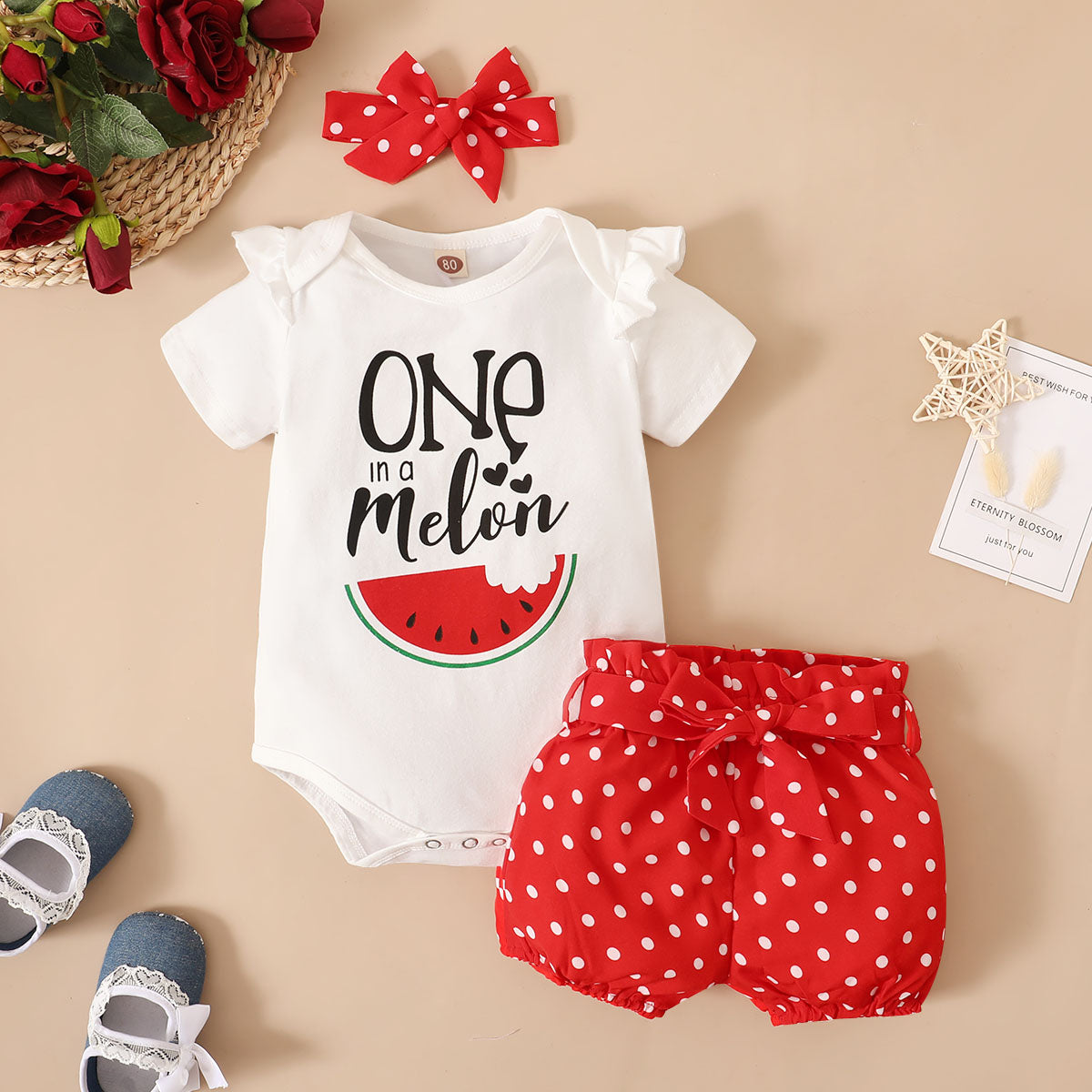 Baby Girl Graphic Ruffled Bodysuit and Polka Dot Shorts Set
