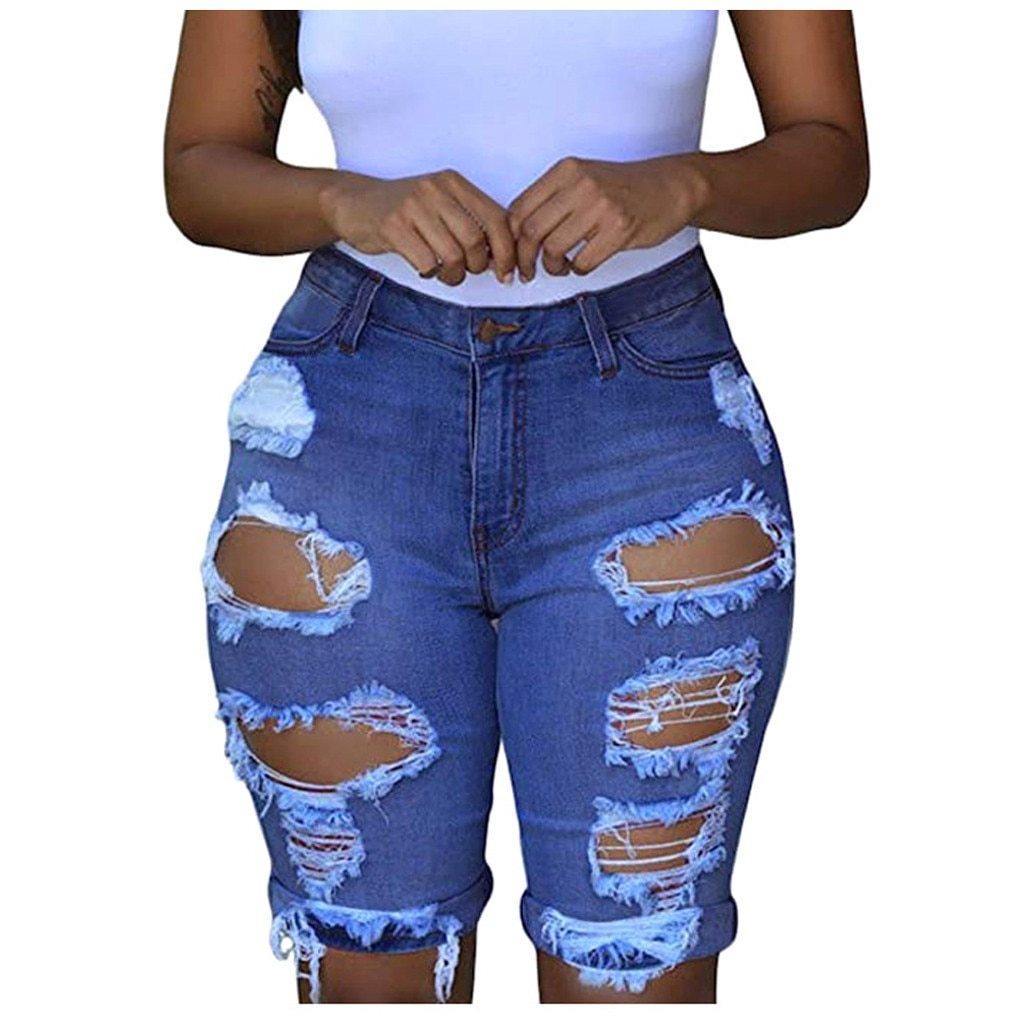 Elastic Short Ripped Jeans For Women